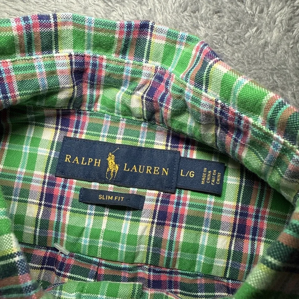 Ralph Lauren Slim Fit Men's SZ L Short Sleeve Button Down Shirt Plaid Flesh Pony